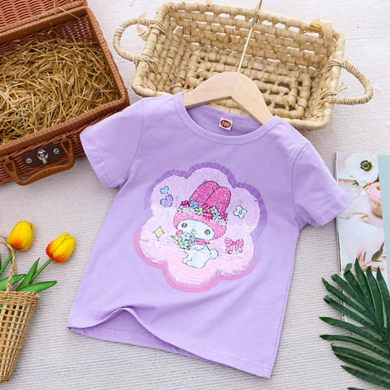 DISNEY Frozen Princess Elsa baby designer clothes Children summer clothes cartoon color-changing sequin cotton T-shirt top for girls.