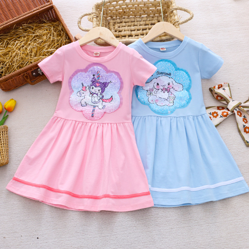 DISNEY Frozen Princess Elsa kids designer clothes Summer girl short-sleeved dress little girl color-changing sequin princess dress cartoon cotton.