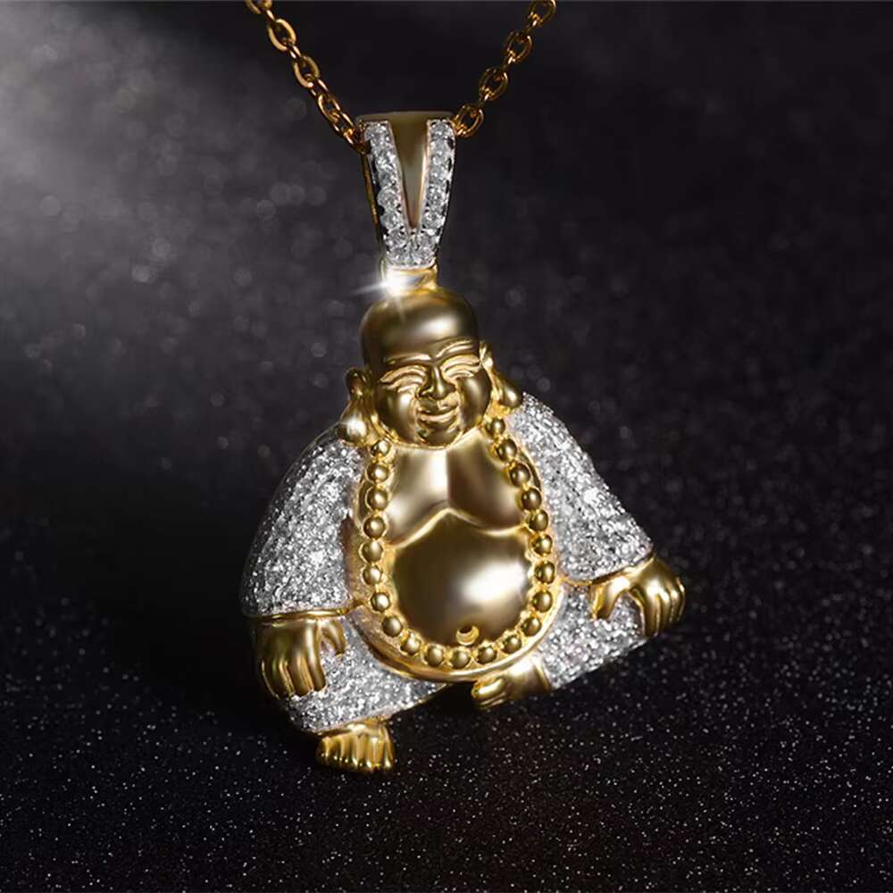 Wholesale 18k Buddha Statue Pendant Necklace Hip Hop Religious Maitreya Buddha 925 Sterling Silver Pendant Buddha Necklace