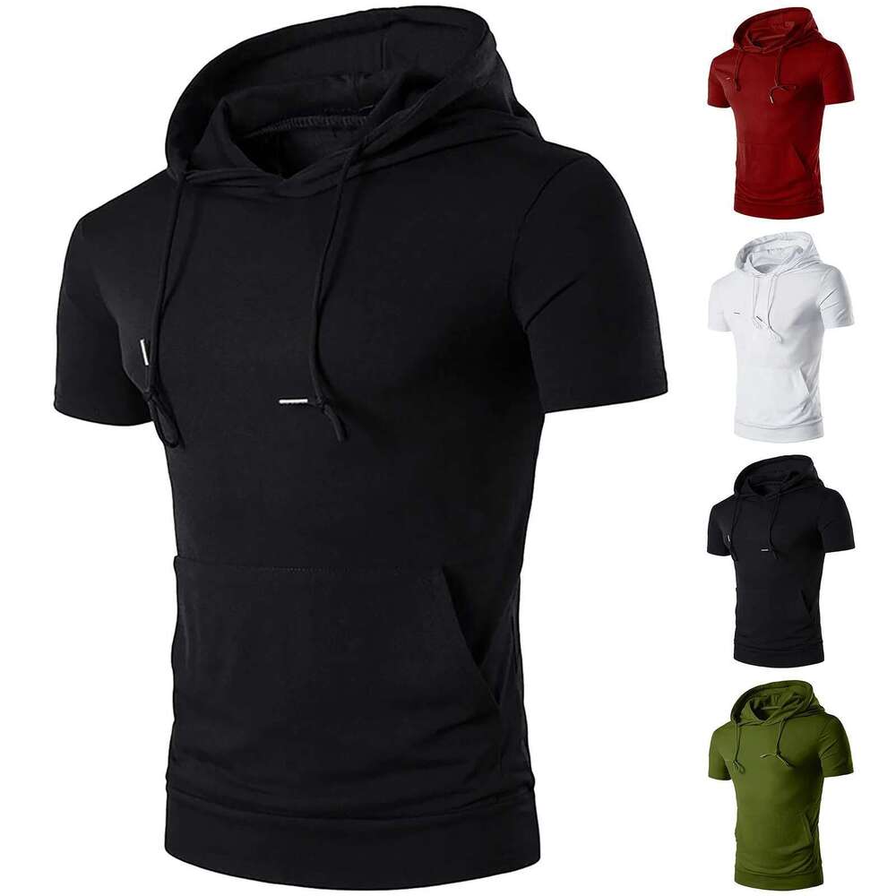 Men's Sport Casual Short Sleeved Hooded Vest Gym Fiess Running Workout Sweatshirt Bodybuilding Clothing Sportswear Pullover Designer
