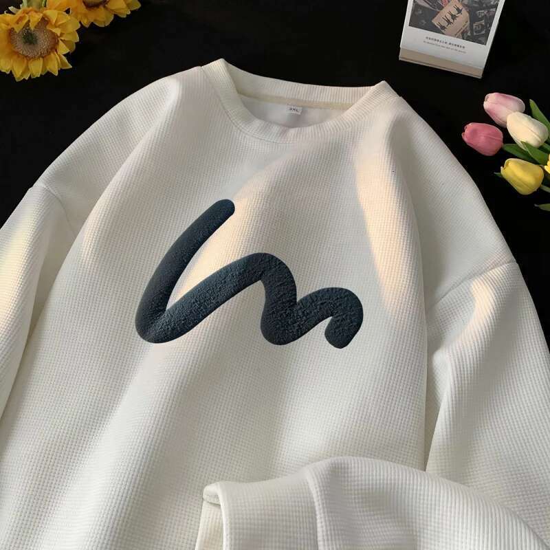 Korean Men Sweatshirt Waffle Fabric Crew Neck Sweatshirts Wave Print Casual Loose Sports Pullovers Streetwear Hoodie Designer