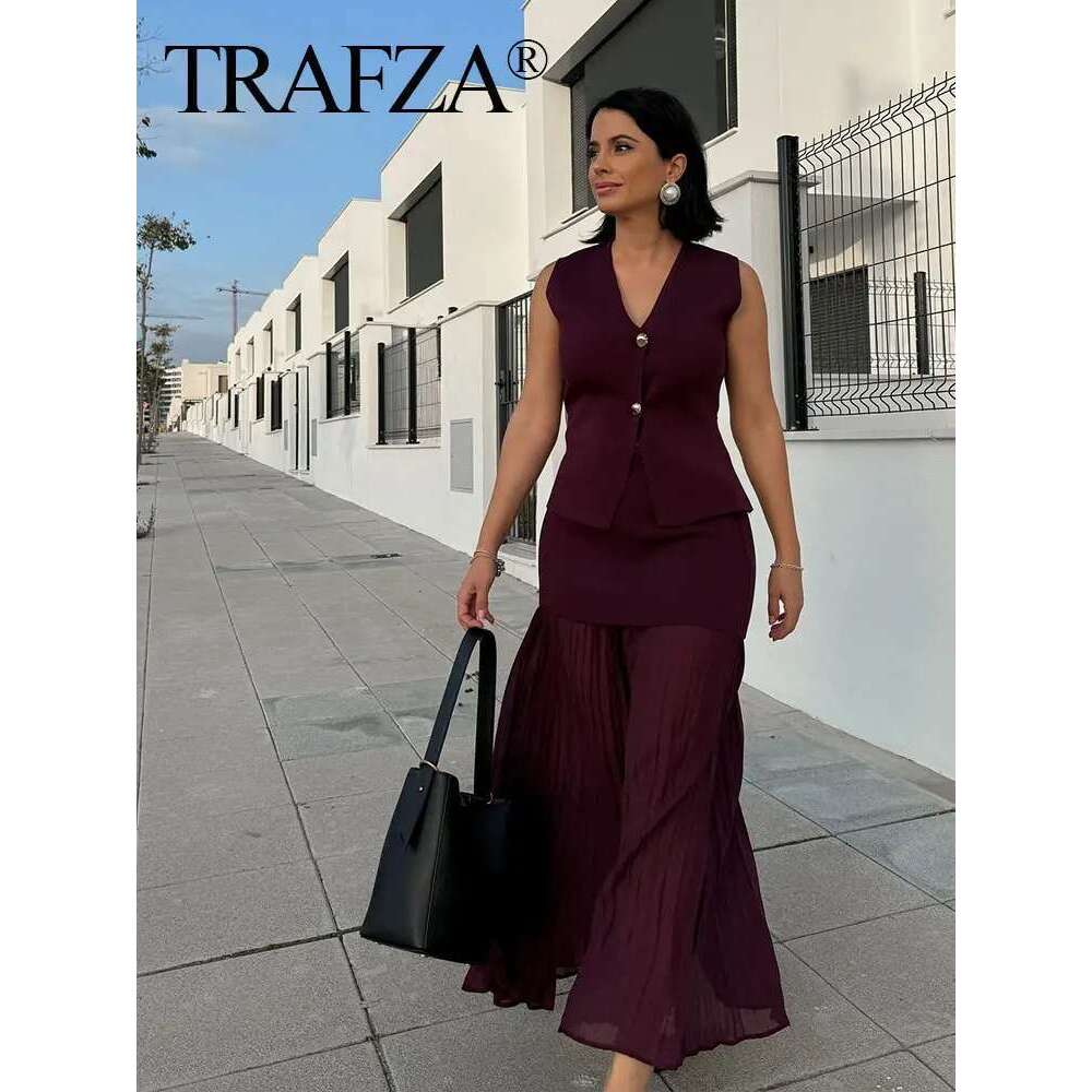 TRAFZA 2024 Women Set Wine Red Knitted V-Neck Sleeveless Slim Vest +Solid High Waist Zipper Patchwork Long Skirt Street