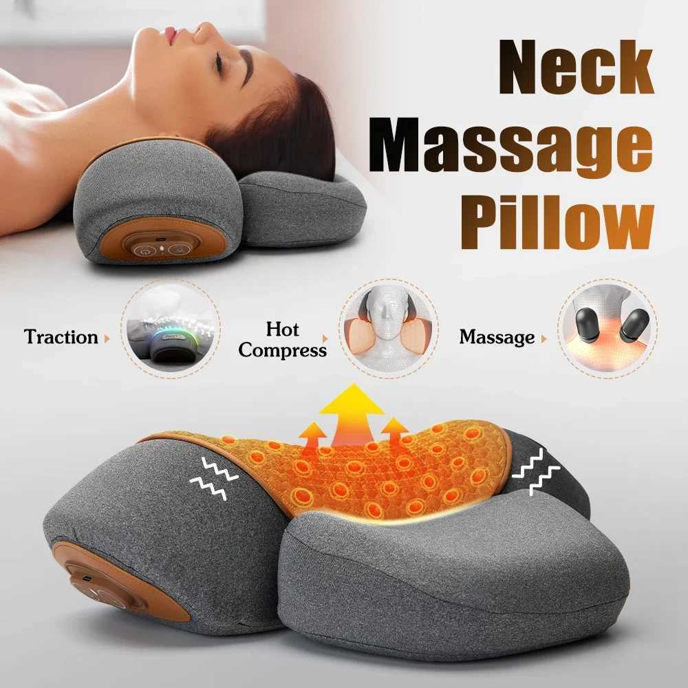 Electric Neck Massager Cervical Pillow Hot Compress Neck Stretch Heating Vibration Neck Shoulder Massage Pillow Back TractionW250512
