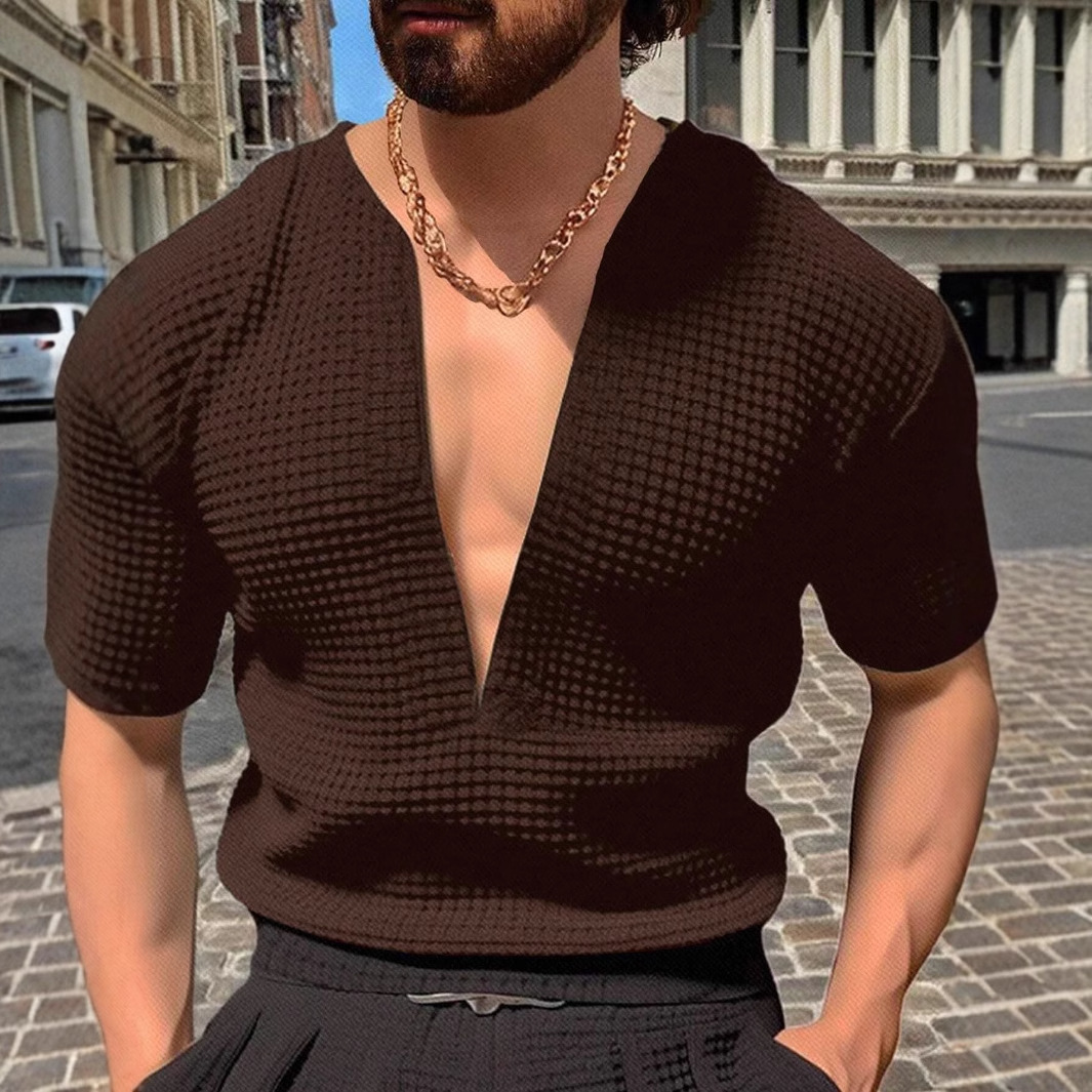 Mens Summer Sports Fitness Leisure V-neck Elastic Solid Color Large Short Sleeve T-shirt 250512