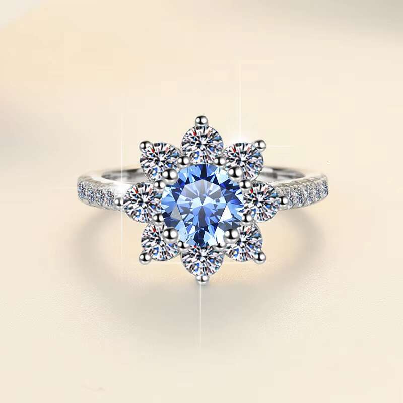 Fine Jewelry Wedding Engagement Ring Flower Shape Blue Diamond VVS1 Moissanite S925 Sterling Silver Ring for Woman Ladies