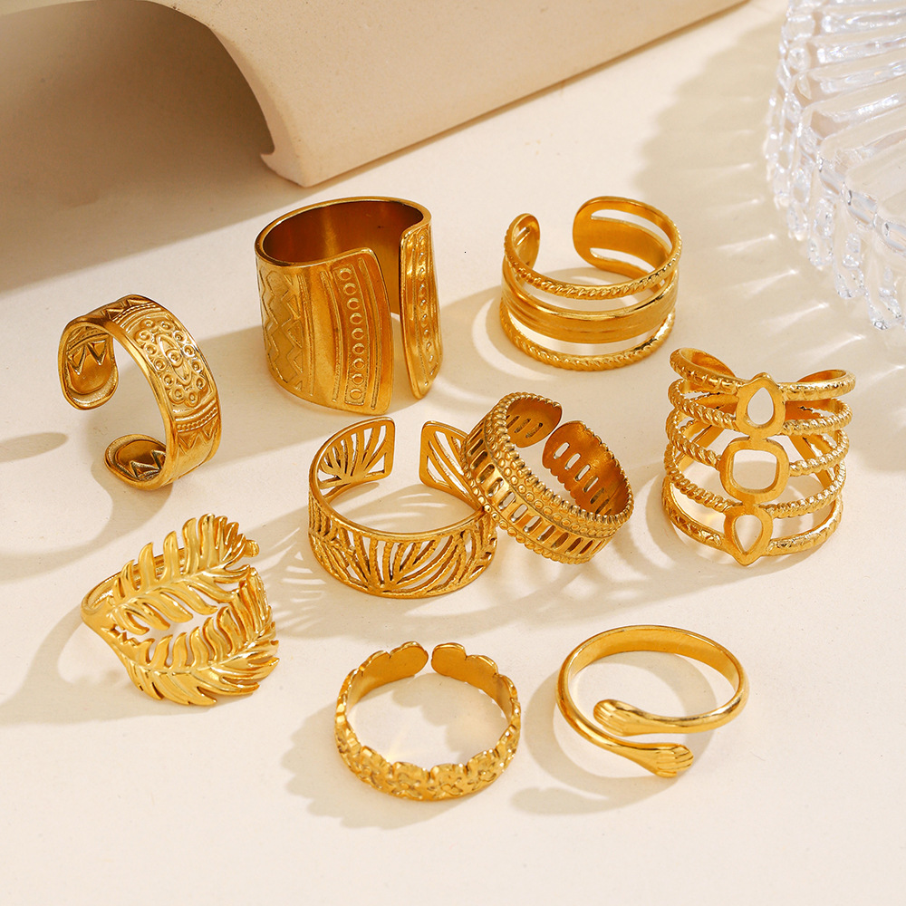 Popular Instagram Style Stainless Steel Leaf Female Personality Hip Hop Gold Plated Geometric Open Ring