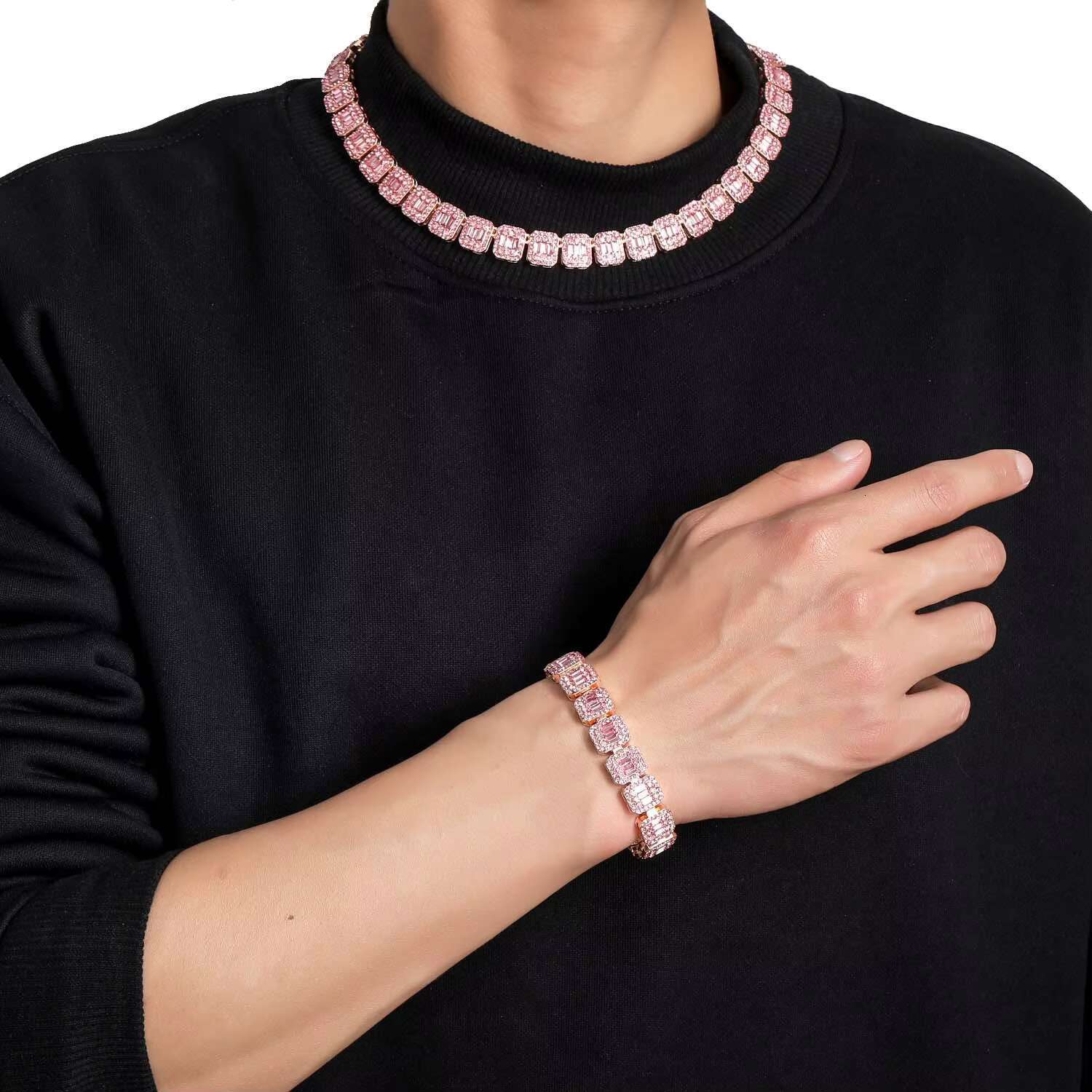 New European and American Hip Hop Necklace 13mm Diamond Gold Chain Iced Out Crystal Square Tennis Chain Necklace Set