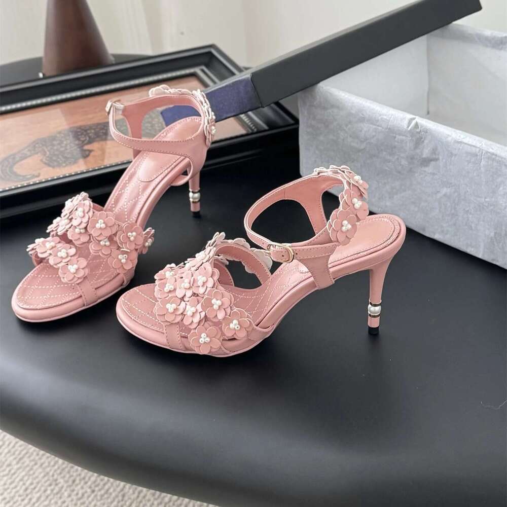 Women Size35-41 Genuine Leather Sandals Super High Heels Flowers Pearls Pumps Summer Designer Shoes Zapatillas De Mujer