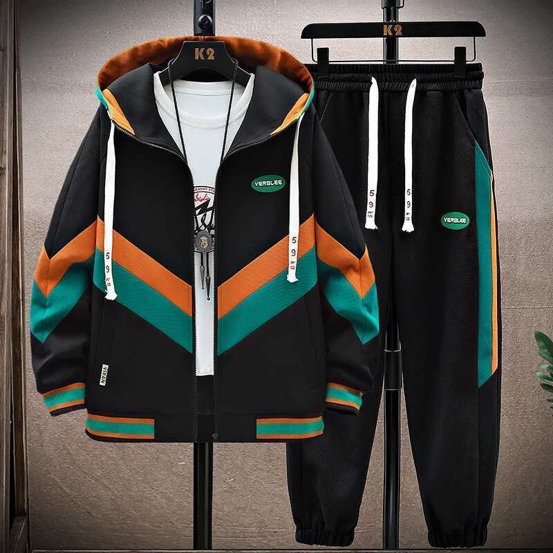 Spring Autumn Men's Sets Korean Fashion Joggers Suit Casual Patchwork Streetwear Hooded Tracksuit Men Two Piece Set Designer