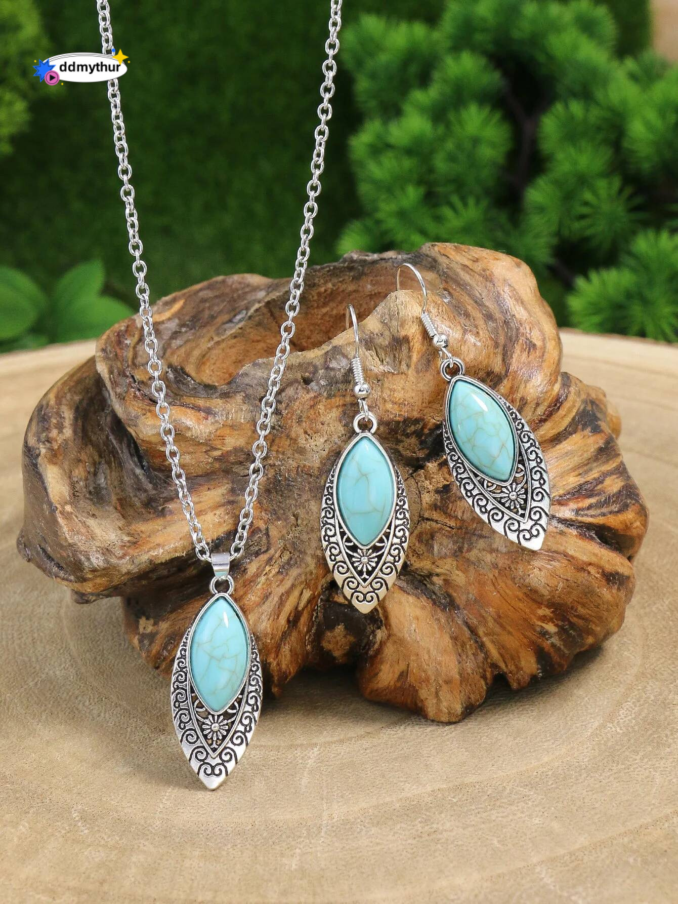 Ethnic Boho Turquoises Necklace Earring for Women Vintage Sier Plated Carved Flower Dangle Earrings Indian Jewelry Gift ddmythur