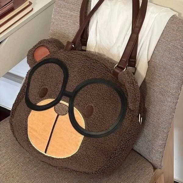 2025 Autumn And Winter New Large Capacity Cute Brown Plush Bear Handbag Shoulder Bag
