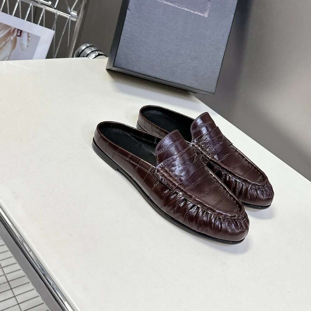 New Women Genuine Leather Mules Low Heels Natural Cow Suede Slippers Pleated Round Toe Designer Shoes Zapatillas De Mujer
