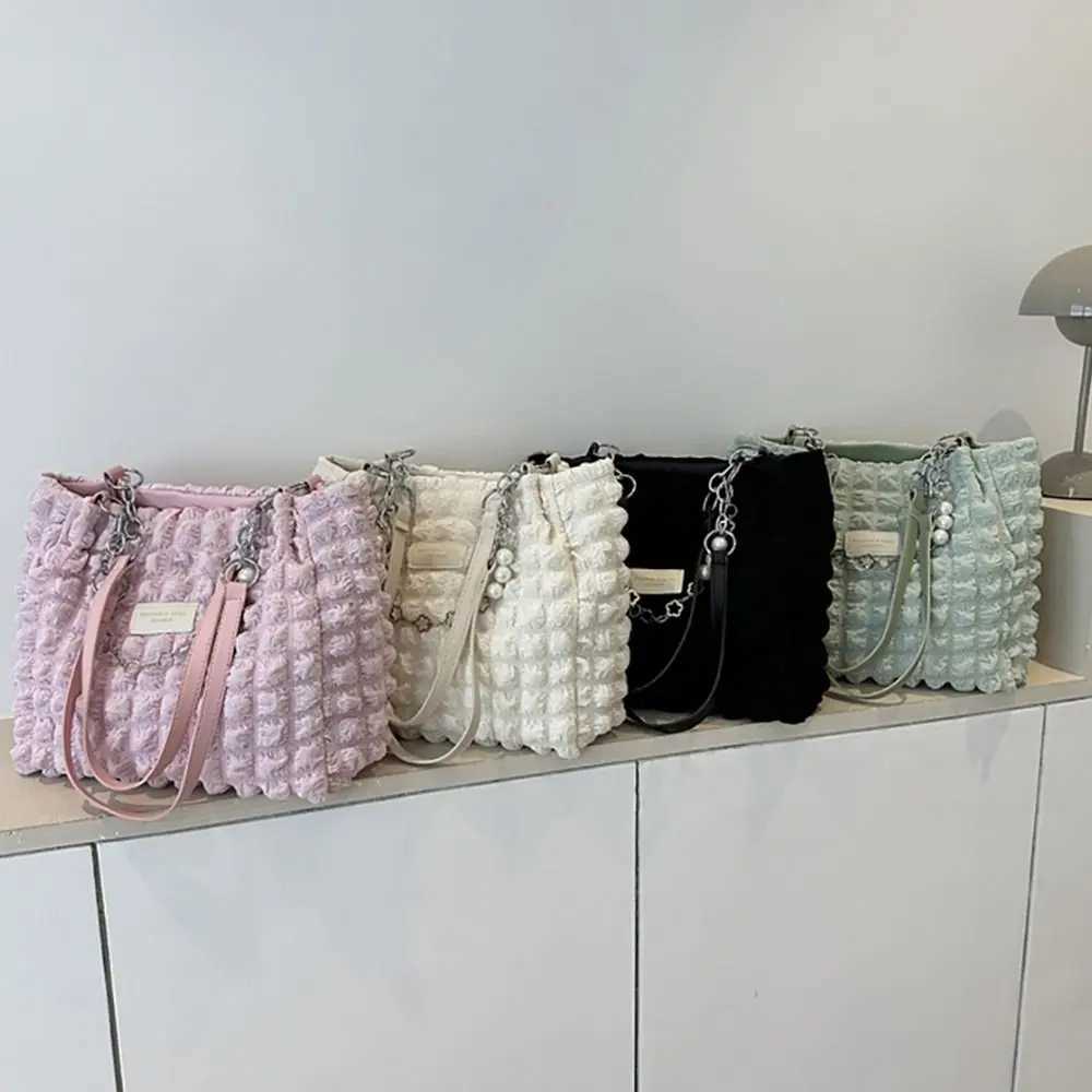 Large Capacity Ladies Tote Bag Fashion Plaid Womens Beaded Chain Shoulder Bags Soft Fabric Commuter Female Handbags Purse Z250512
