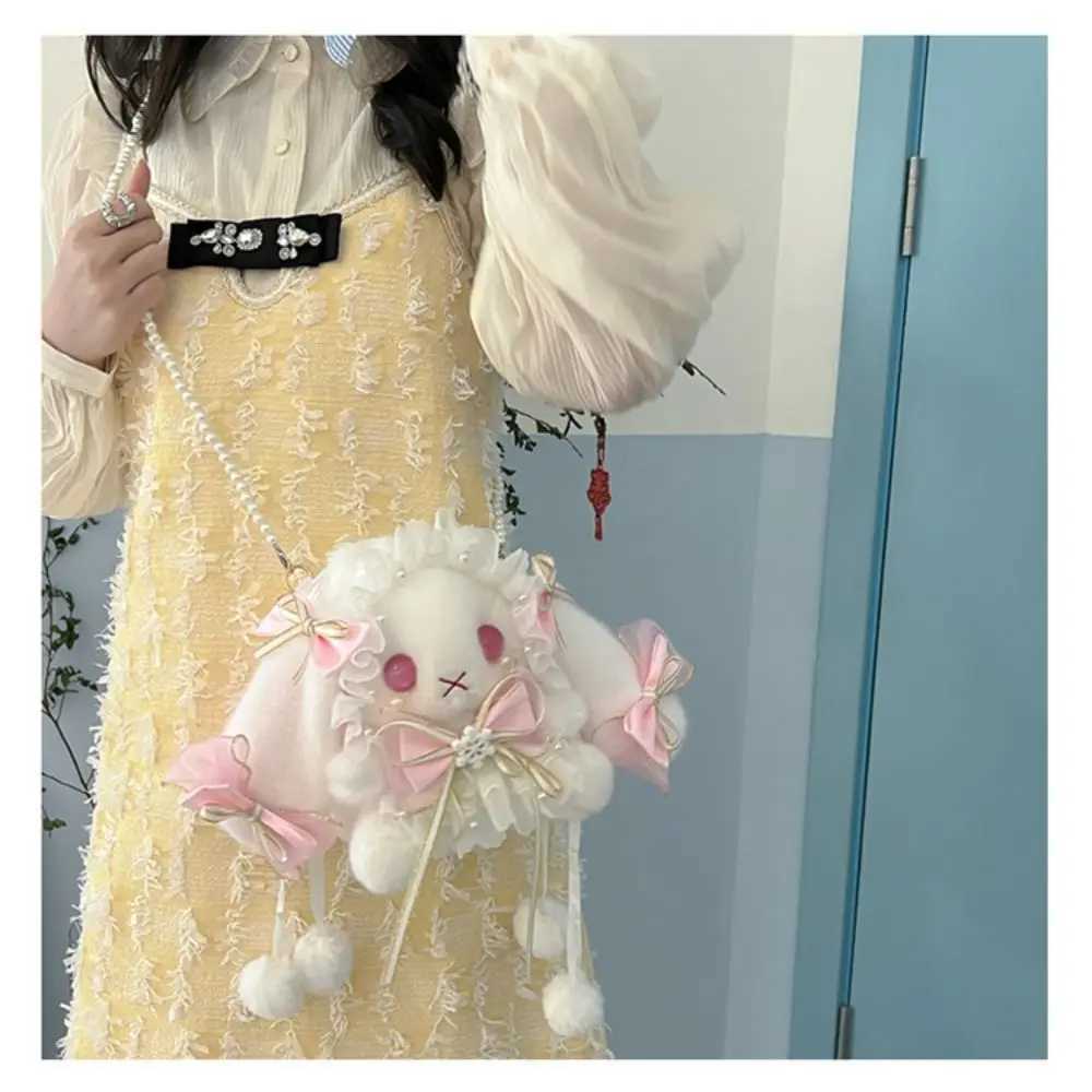 New Plush Bag Cute Bunny Lolita Element Shoulder Bag Kawaii Princess Sweet Pearl Chain Crossbody Bags Long-eared Rabbit Purse Z250512