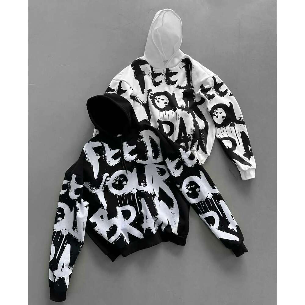 Trendy Letter Graffiti Print Hoodie Classic Retro Skateboard Hip Hop Street Casual Oversized Sweatshirt Haruku Sports Designer