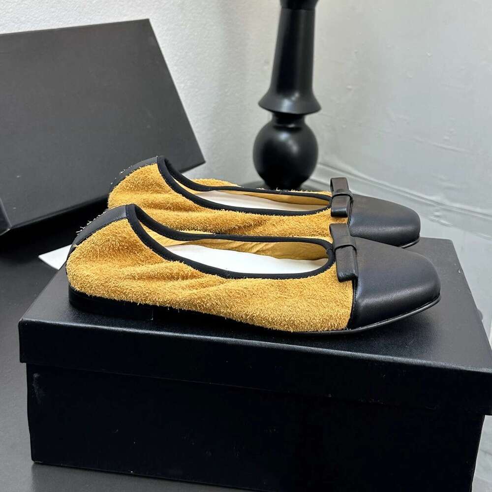 Shoes Women Size35-41 Genuine Leather Ballet Flats Butterfly Knot Natural Cow Suede Square Toe Designer Shoe Zapatillas De Mujer