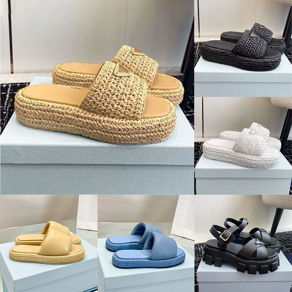 Designer sandals crochet platform slides slippers natural black white luxury women summer beach flat slipper sandal womens slides shoes size 35-42