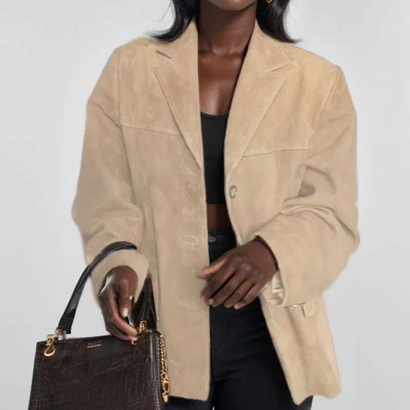 Autumn Winter Woomen Suede Jacket With Lapel Woman Casual Single Breasted Pocket Long Sleeve Short Coat Street Overcoat