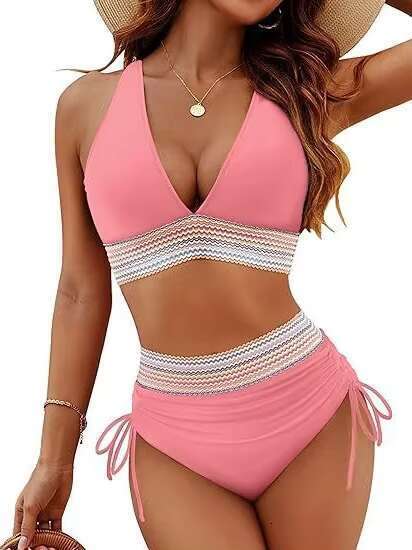 DHEssentials Women's Bikini High Waist Split Color Set with Pulling Rope to Gather Abdominal Swimsuit