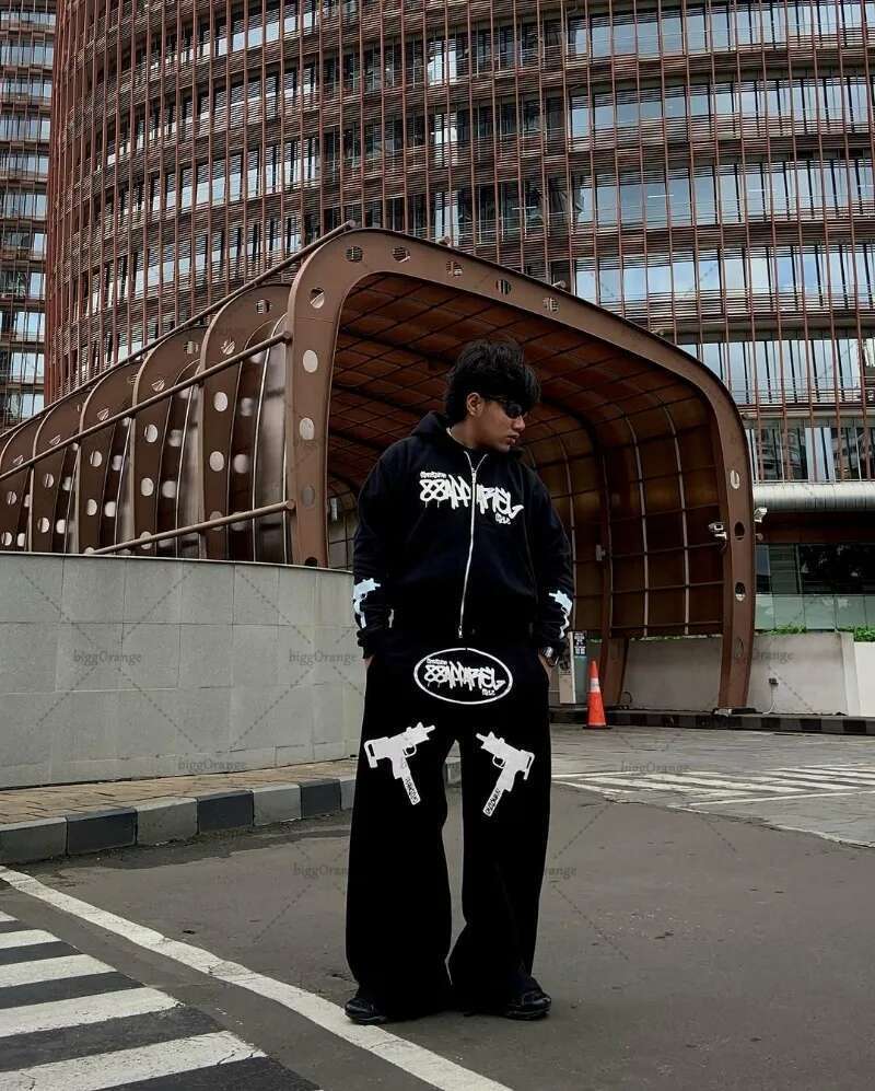 New Street Trend Personalized Design Pattern Fashionable Versatile Hoodie Trousers Men Retro Haruku Casual Loose Suit Women Designer