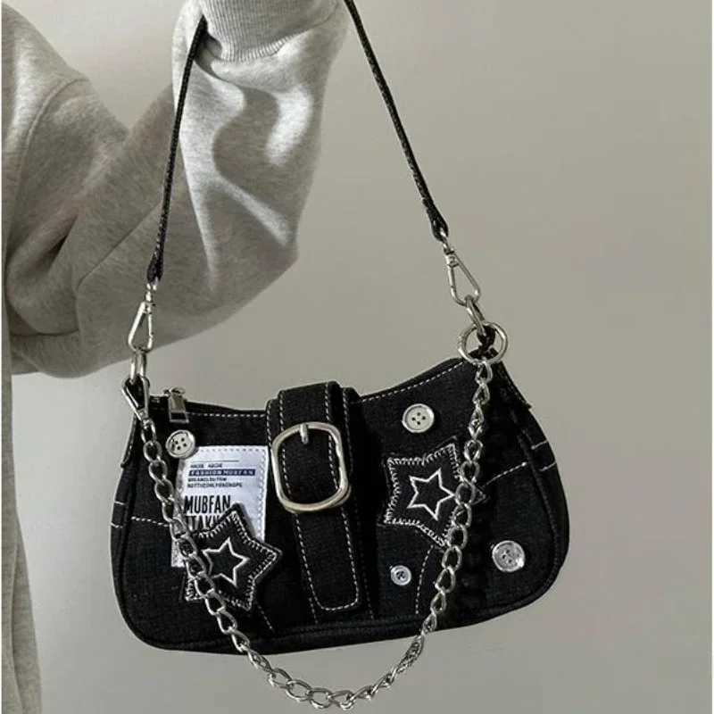 Y2K Women Korean Harajuku Goth Star Girl Black Hand Bag Fairy Grunge Aesthetic Wallet Shoulder Handbag Purses Baguette Tote BagsW250512