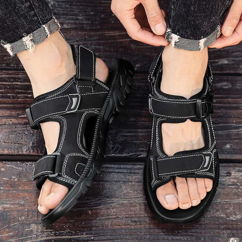 Summer PU Leather Lightweight Open Toe Flat Mens Casual Outdoor Walking Sandals for Men Beach Shoes Size 39-46