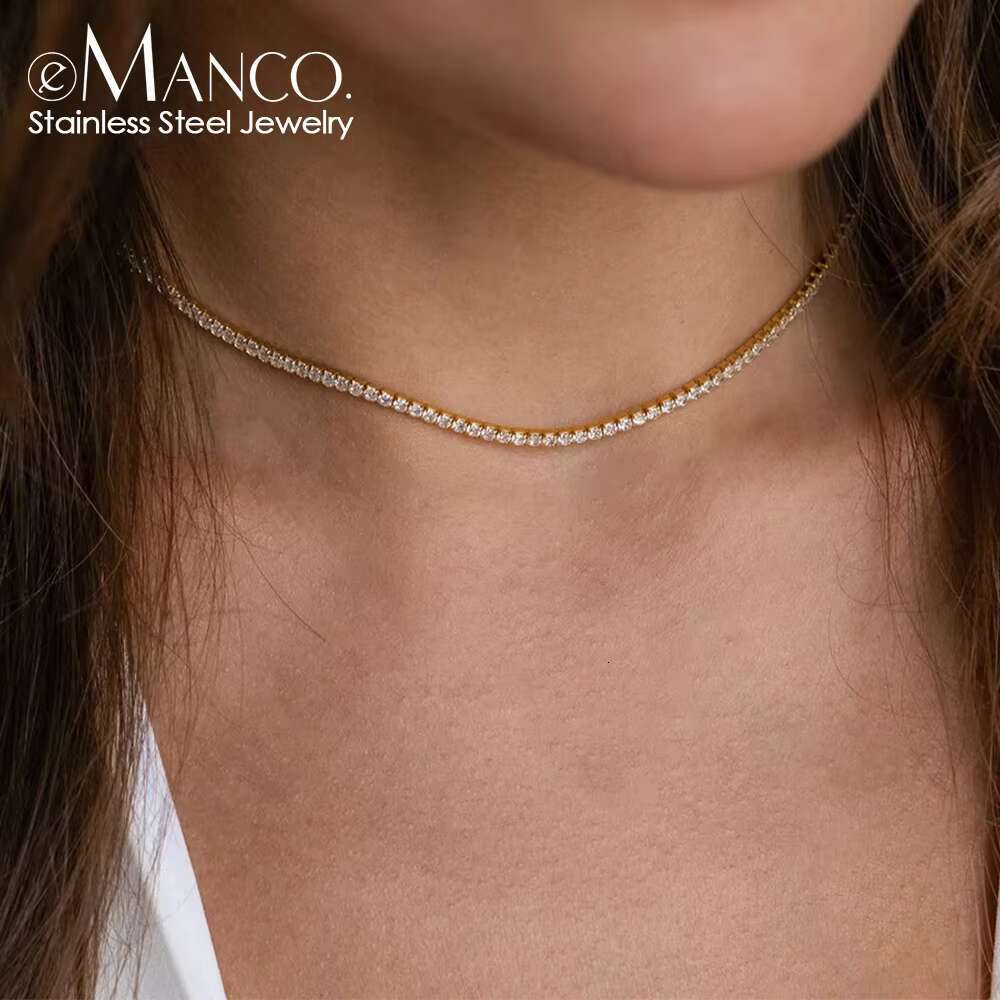 EManco Stainless Steel Women's Crystal Necklace High Quality Tennis Bone Chain