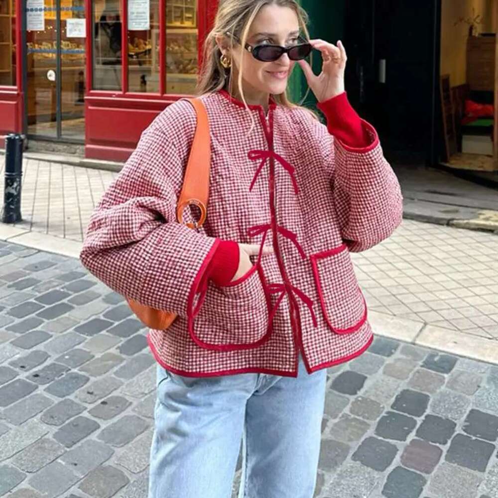 Combhasaki Womens Spring Fall Y2K Vintage Loose Fit Coat Round Neck Long Sleeve Tie Front Aesthetic Floral/Plaid Puffer Jacket