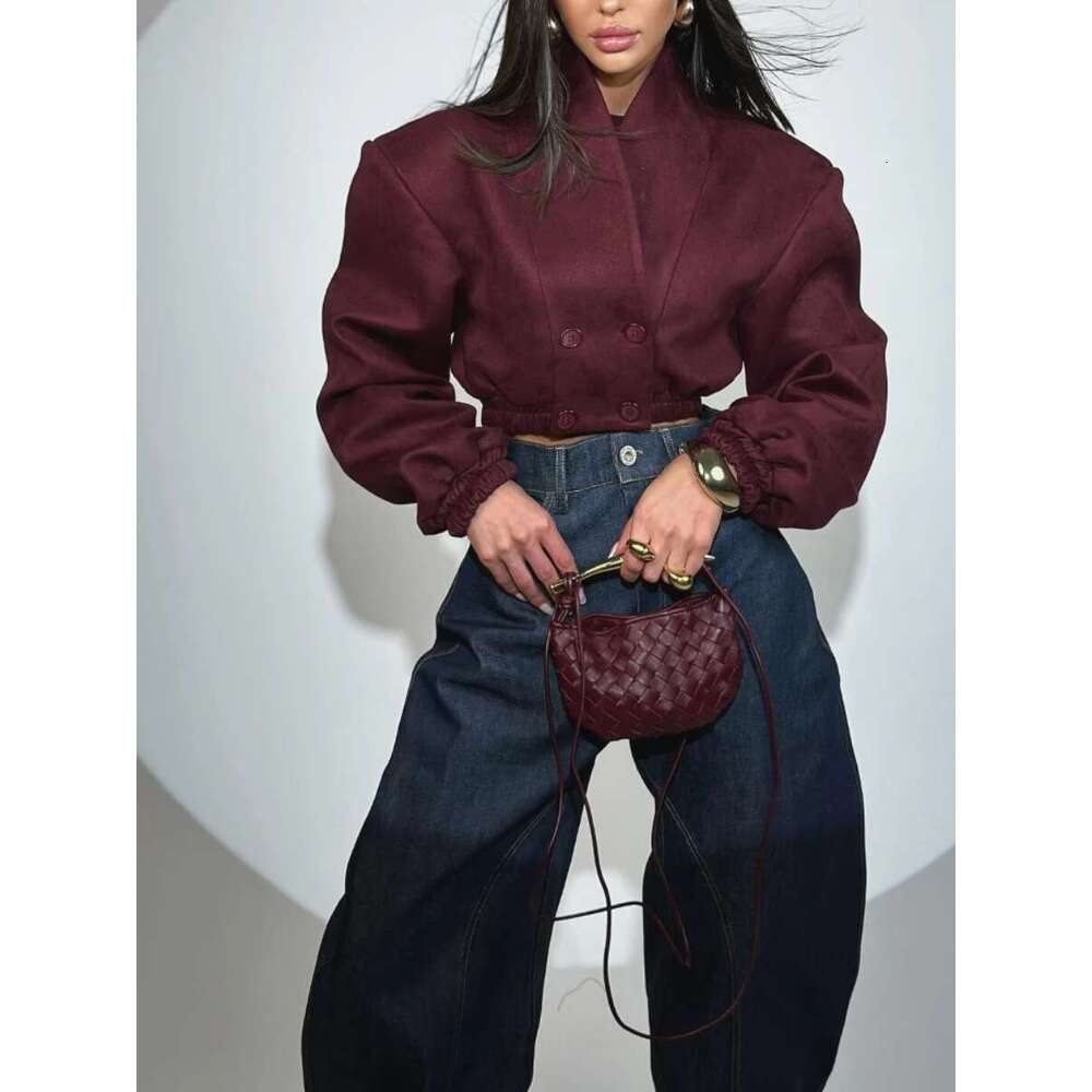 TWOTWINSTYLE Winered French Retro Slim Coats for Women V Neck Spliced Double Breasted Long Sleeved Short Jackets Female Fashion