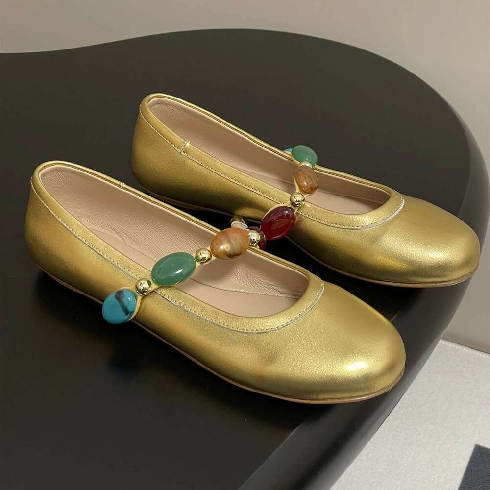 Women Size34-42 Genuine Leather Ballet Flats Mary Janes Jewel Weaving Round Toe Leopard Designer Shoes Zapatillas De Mujer