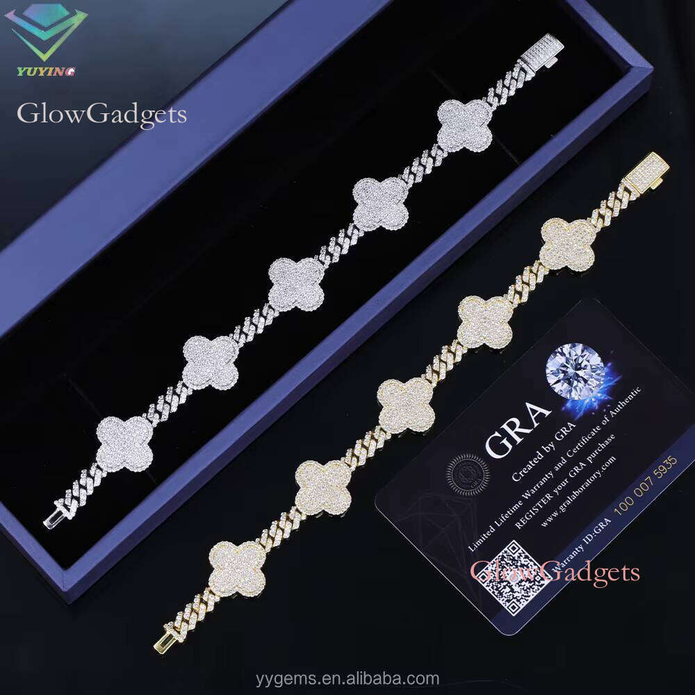 Lucky Four Leaf Clover Jewelry 6mm Wide Gold Plated VVS Moissanite For Men Sier Cuban Link Bracelet