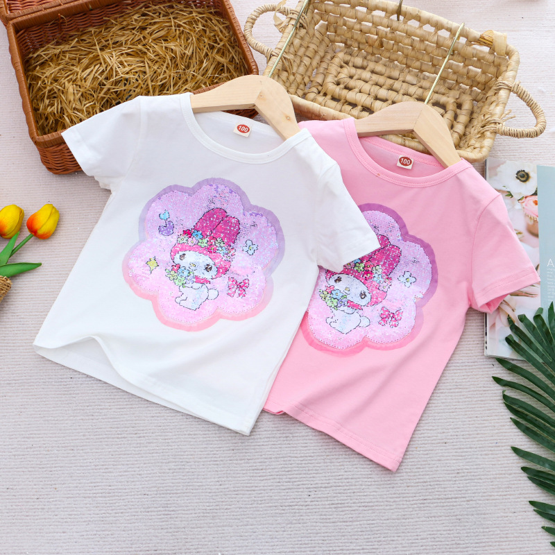 DISNEY Frozen Princess Elsa baby designer clothes Children summer clothes cartoon color-changing sequin cotton T-shirt top for girls.