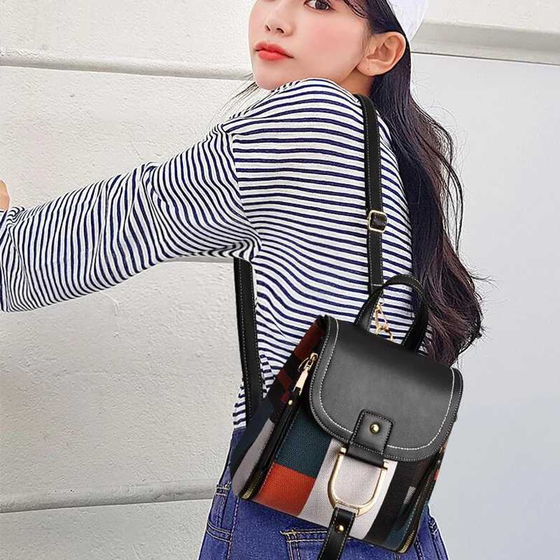 Splicing Backpack For Women PU Leather Plaid Backpack Multi-Function Knapsack Teenager School Bag Leisure Lock Backpack fashion Z250512-1