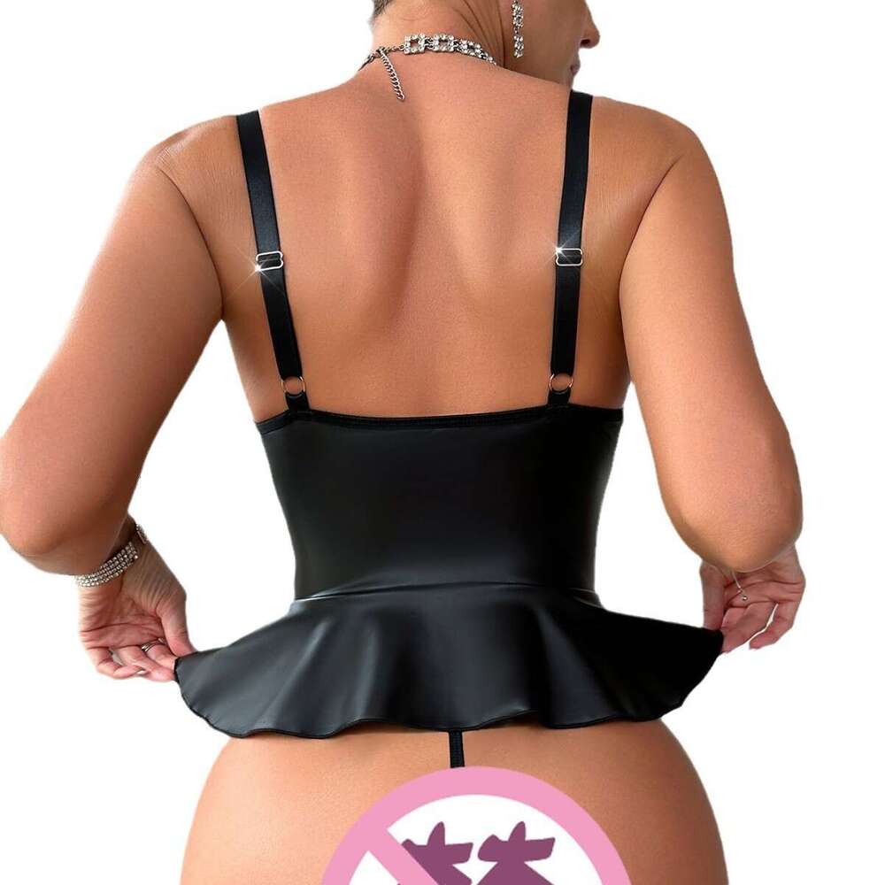 Patent Leather Sexy Lingerie New Women S Lacquer Leather Strap Binding Hollow Out Non Detachable Sex Underwear Set KQ
