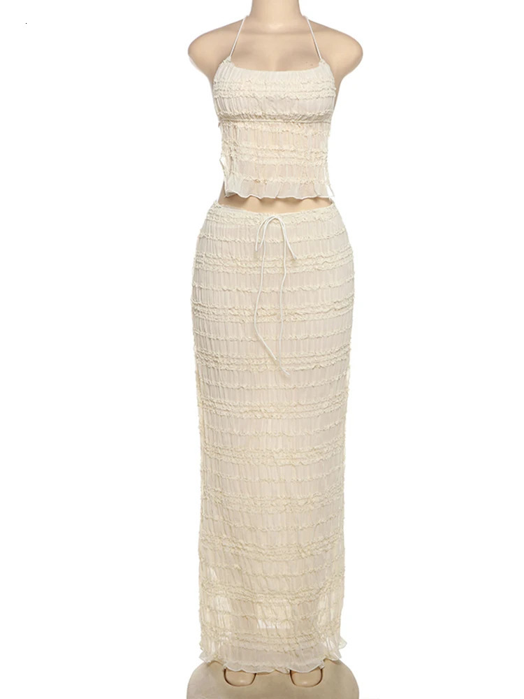 Strange cat net backless 2piece womens suspender lace see through crop topsloose and elegant long leather vacation trend clothing 250430Z