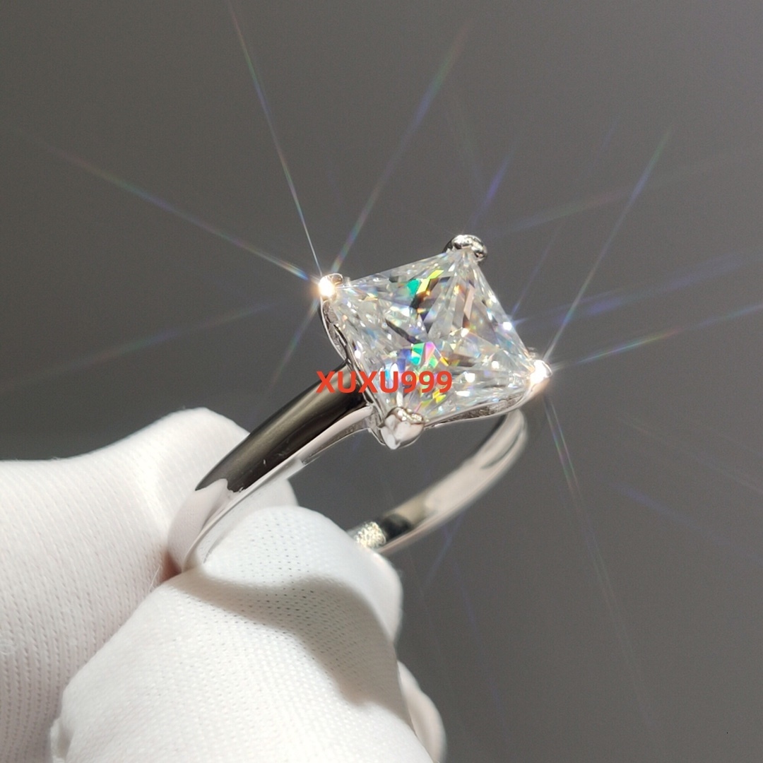 Silver 925 Original Princes Cut 2 Ct Diamond Test Past Sparkling D Color Moissanite Ring Excellent Cut Square Gemstone Rings