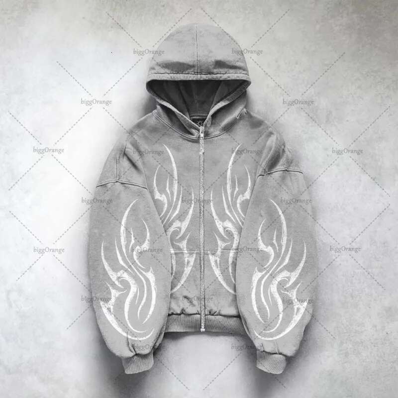 Y2k Haruku Retro Personalized Print Fashion Loose Zipper Hoodie Men American Classic Casual All-Match Sweatshirt Women Designer
