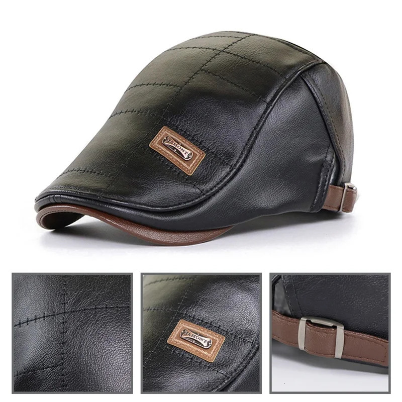 Retro Men Leather Beret Hat Flat Cap Male Autumn Winter Warm Adjustable HighQuality mens British Style Caps 250512