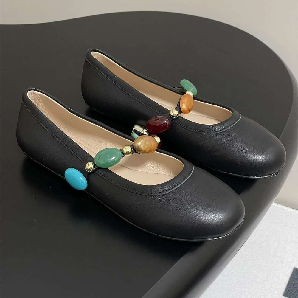 Women Size34-42 Genuine Leather Ballet Flats Mary Janes Jewel Weaving Round Toe Leopard Designer Shoes Zapatillas De Mujer