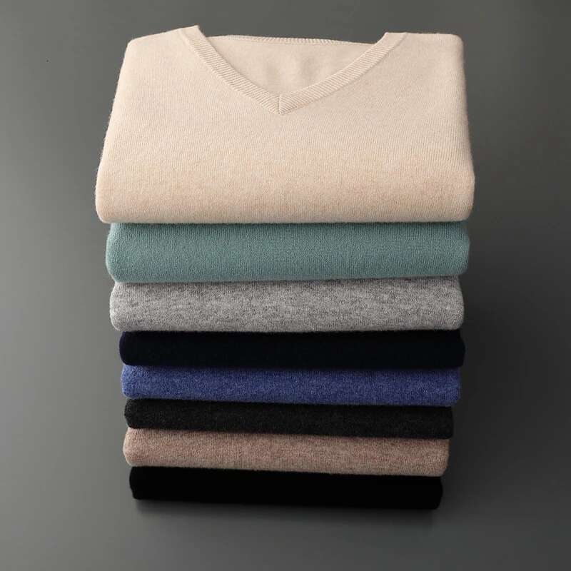 Autumn And Winter New Men's V-Neck Cashmere Loose Thickened Solid Color Wool Knitted Bottoming Shirt Business Casual Sweater-250512