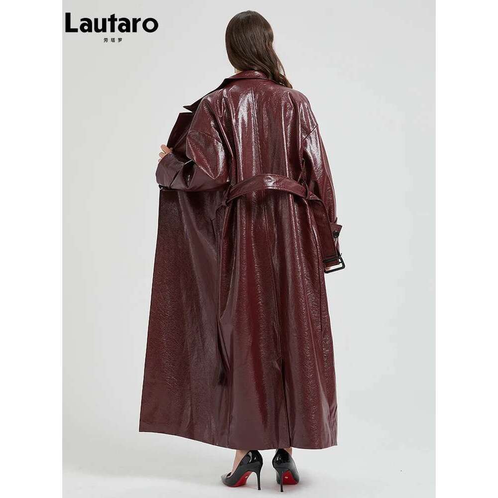 Lautaro Spring Autumn Extra Long Bury Pu Leather Trench Coat for Women with Belt Elegant Designer Maxi Overcoat 2024
