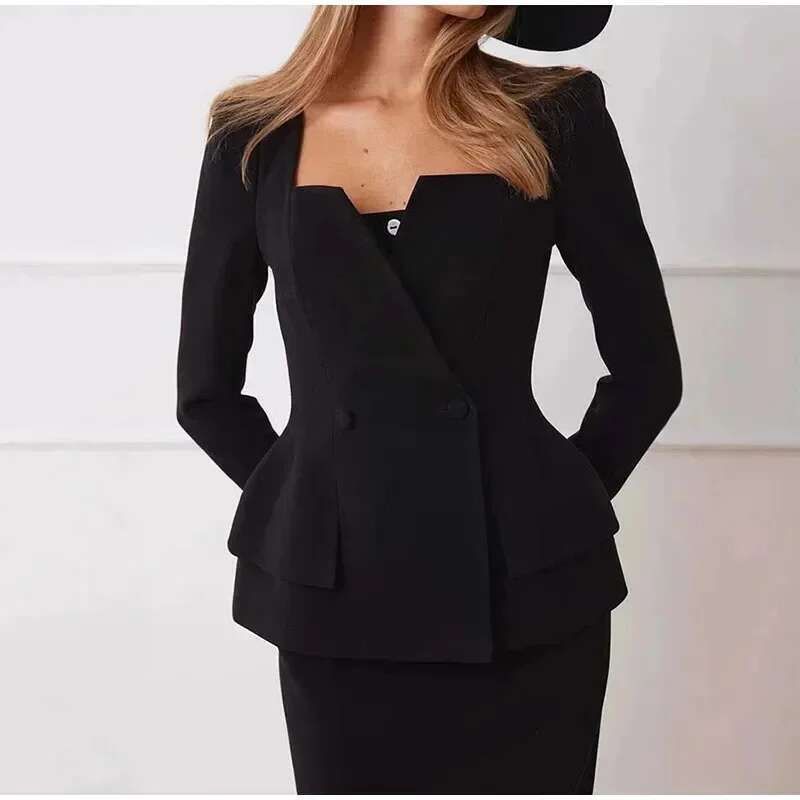 Elegant Women Coat Set White Square Collar Buttons Short Jacket Hip Package Long Skirts Fashion New Female 2 Piece Outfit
