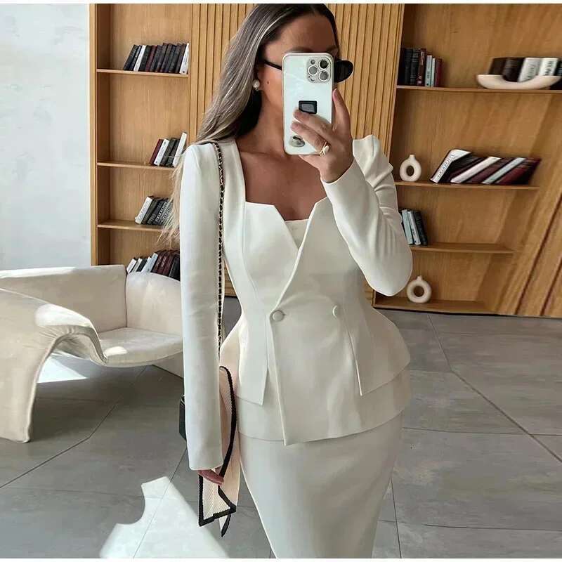 Elegant Women Coat Set White Square Collar Buttons Short Jacket Hip Package Long Skirts Fashion New Female 2 Piece Outfit