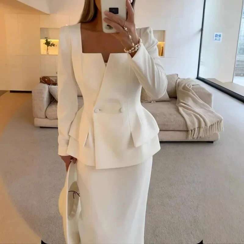 Elegant Women Coat Set White Square Collar Buttons Short Jacket Hip Package Long Skirts Fashion New Female 2 Piece Outfit