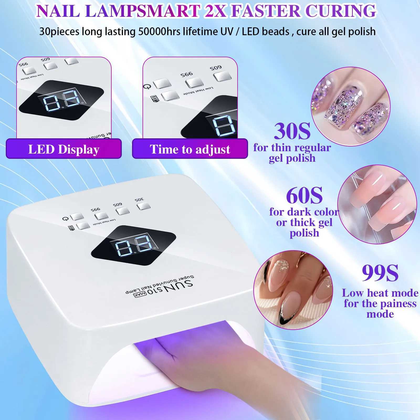 Rechargeable UV LED Smart Nail Dryer Light with HD Display for Quick Drying and Curing All Gel Nail Polish Nail Art Tools W250513