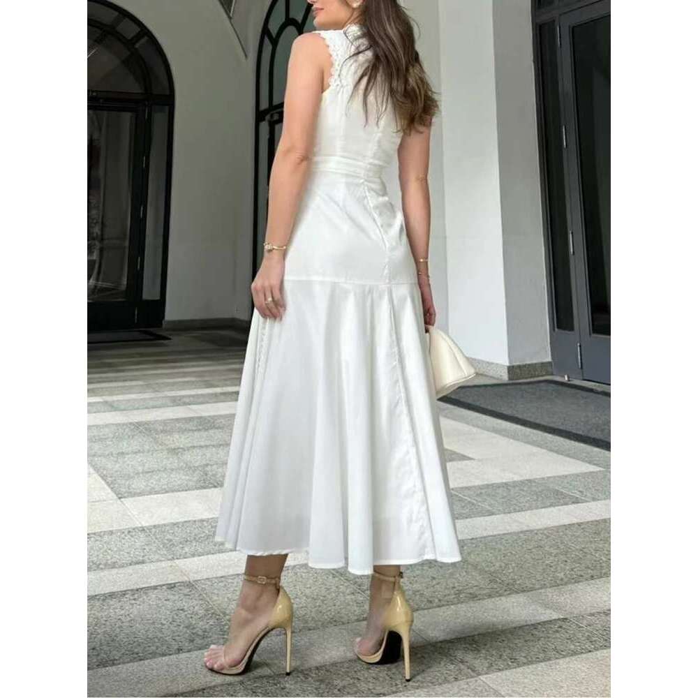 VGH Solid Embroidery Elegant Long Dresses For Women Stand Collar Sleeveless High Waist Hollow Out A Line Dress Female New