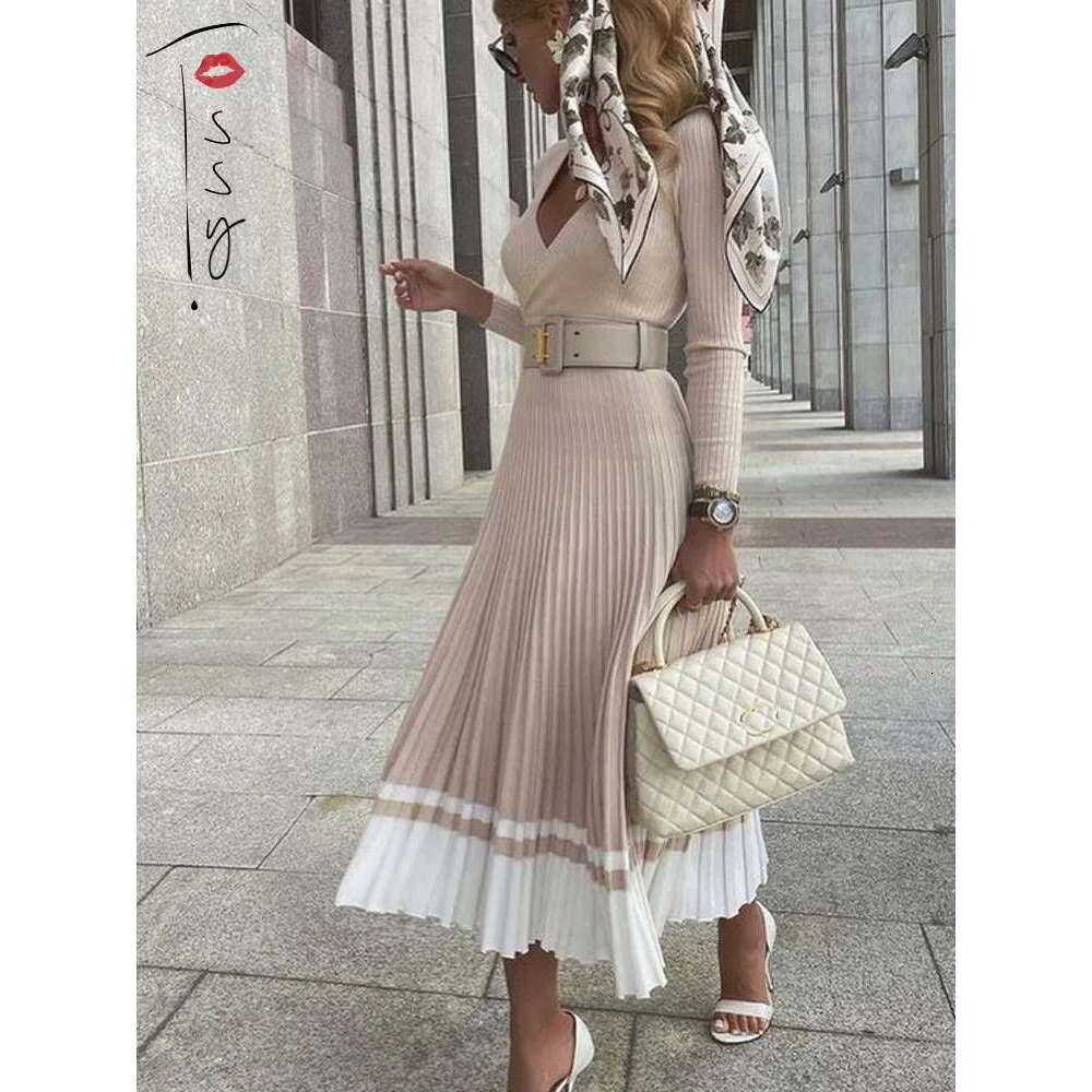 Tossy Women Ribbed V-neck Fold Knitted Max Dress Ladies Skinny Sexy A-line Dresses Two Color Patchwork Elegant Chic Vestidos