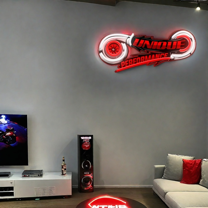 Glowing Neon Turbo Sign with Motorcycle Wheel Design, UV Pattern Printing, USB-Powered Wall Art for Bars, Garages, for Man Caves, And Home Decor,
