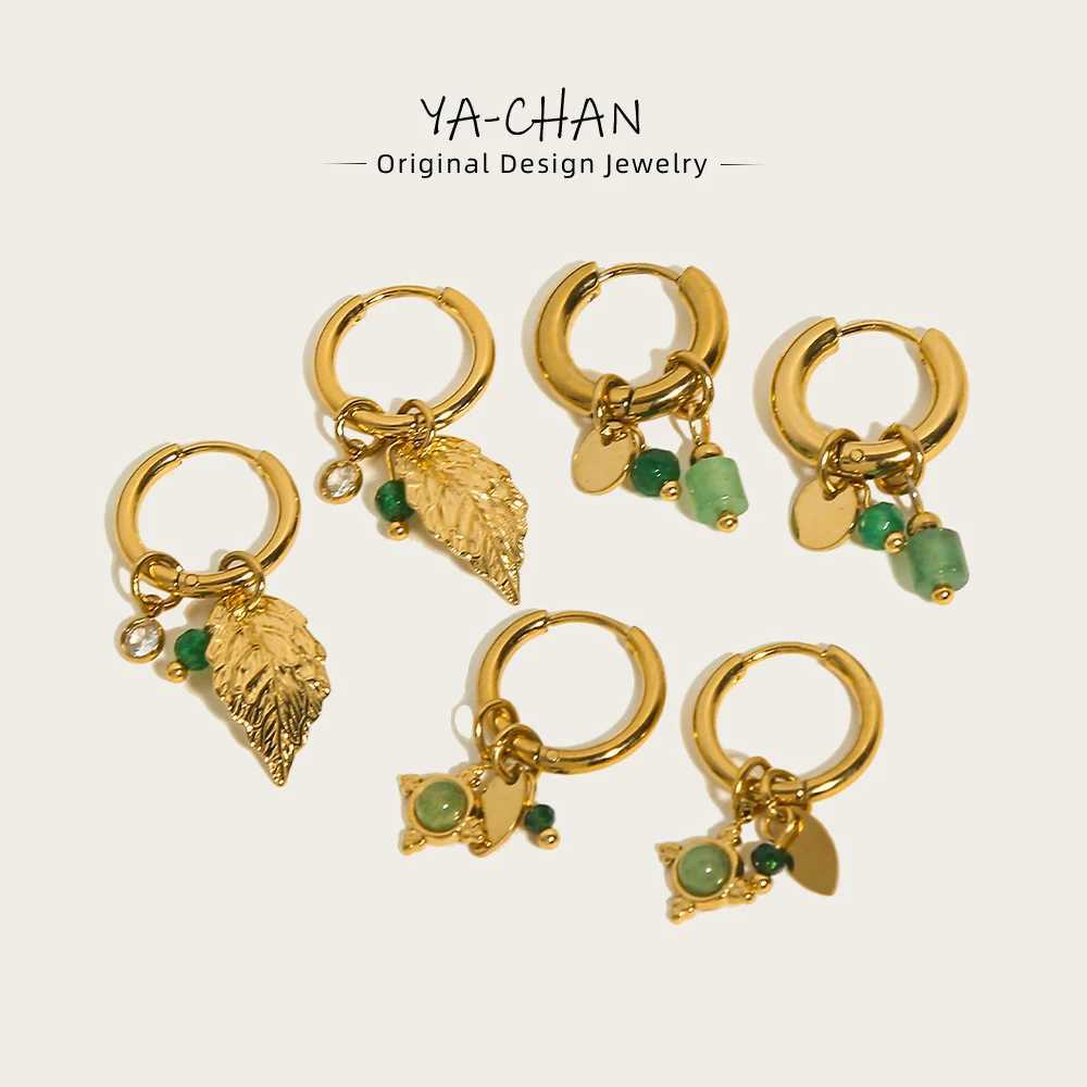 YACHAN 18K Gold Plated Green Natural Stone Stainless Steel Hoop Earrings for Women Luxury Charms Aesthetic Jewelry Y250510