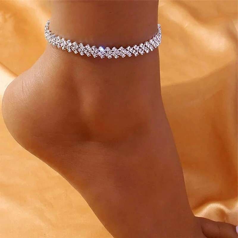 Beautiful Dazzling Cubic Zirconia Chain Anklet For Women Fashion Sier Color Ankle Bracelet Barefoot Sandals Foot Jewelry